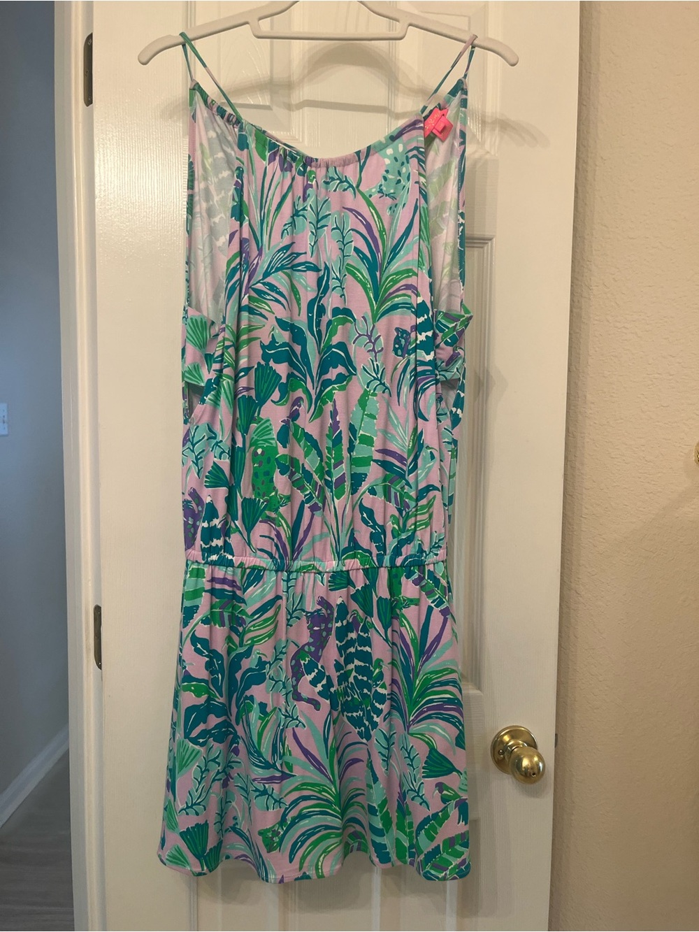 Lilly Tropical Print Dress & Romper in Lilac Pink and Green XS